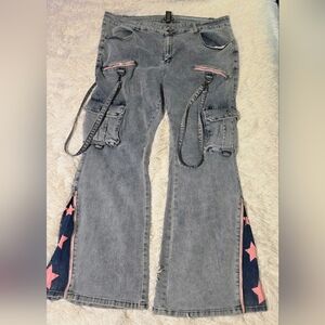 Hot Topic Alternative Women's Flare Low Rise Stretch Jeans Suspenders Pink Star